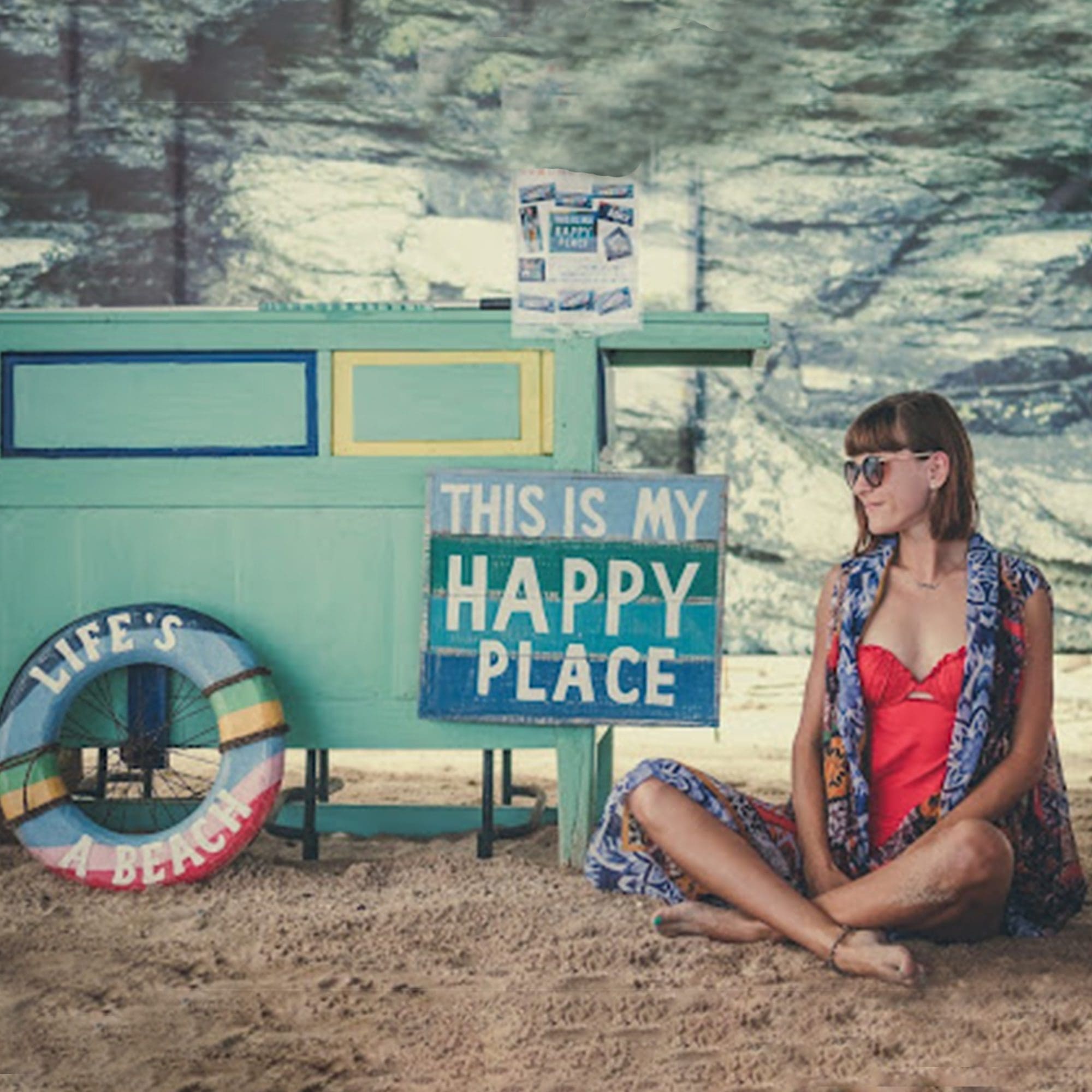 woman in red enjoying her happy place