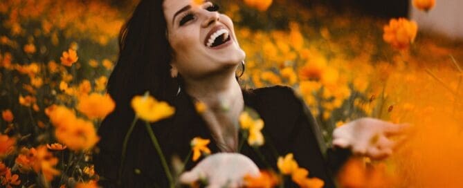 woman in fall flower field