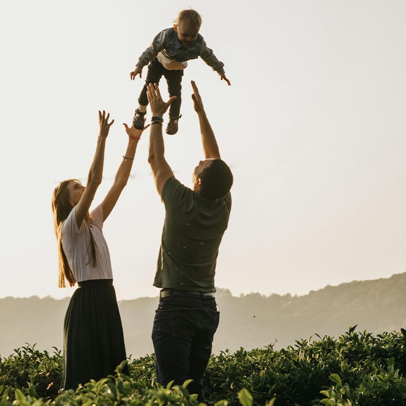 parents tossing child in the air