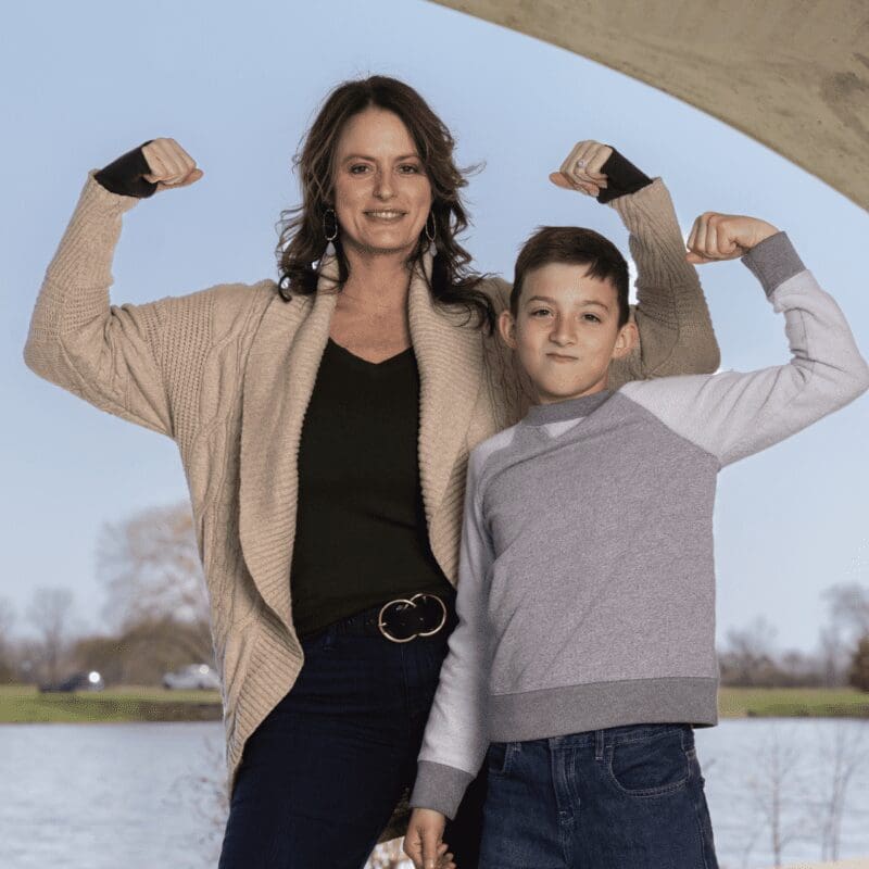 Graduation Mother and Son Flexing Muscles