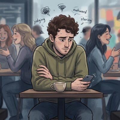 boy feeling social awkwardness sitting alone in cafe