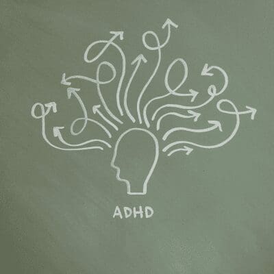 drawing of brain with adhd, spiral thoughts
