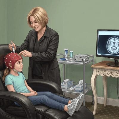 kid going through brain mapping session, neurofeedback for kids illustration of qEEG brain map assessment at Grey Matters, brain training studio in Carmel Indiana