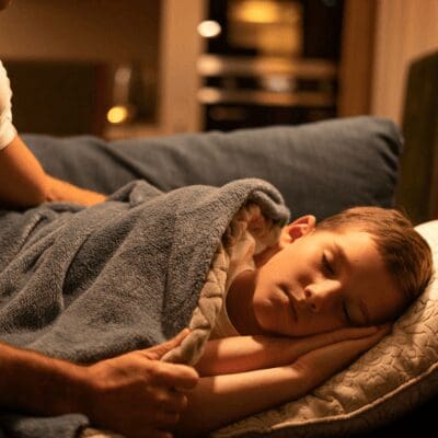 father tucking his child in bed